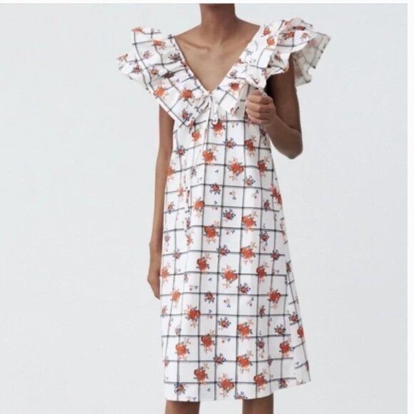 Zara white floral Blogger favourite plaid ruffle collar sleeveless midi dress M - Picture 2 of 16
